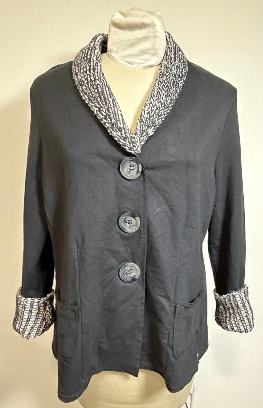 Neon Buddha Black Button Front Knit Collar Mid Length Jacket Size XL Lagenlook